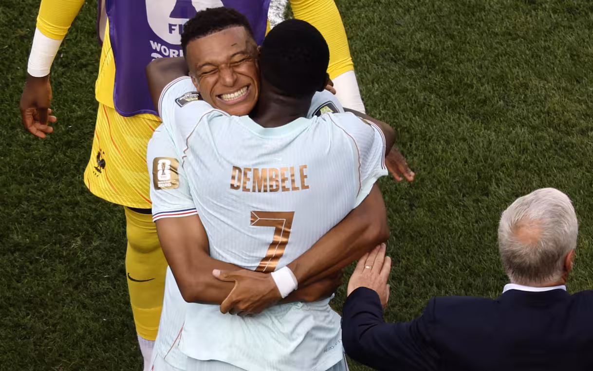 Kylian Mbappe dan Ousmane Dembele selebrasi saat Prancis kalahkan Maroko di Piala Dunia 2026
